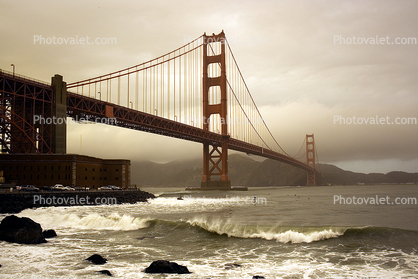 Golden Gate Bridge in the winter, waves