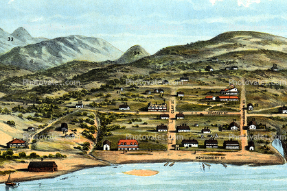 View of San Francisco, formerly Yerba Buena, in 1846-7 before the discovery of gold, Montgomery, Kearny, Clay, Washington, Streets, Historical San Francisco, 1846