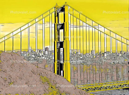 Golden Gate Bridge into the Night, nighttime, evening, lights, skyline, Abstract