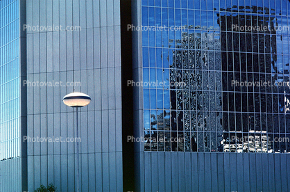 glass reflection, building detail, abstract, grid, lamp