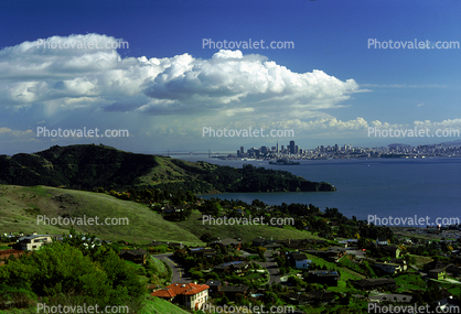 Tiburon Peninsula, Belvedere, hills, homes, houses, San Francisco Skyline, Alcatraz