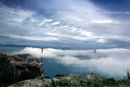 Golden Gate Bridge, Fog, hills, clouds