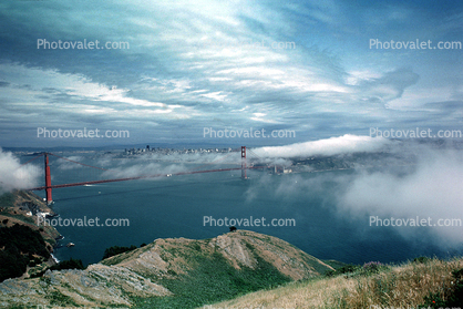 Golden Gate Bridge in the Fog, Golden Gate Bridge, Fog, hills, clouds