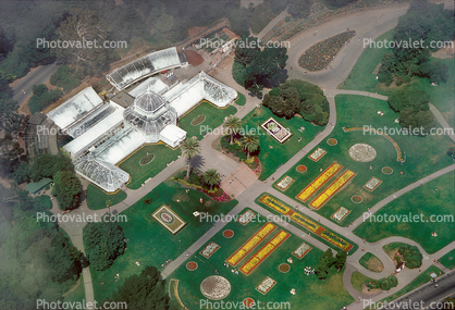 Conservatory Of Flowers from the Air, misty fog, aerial