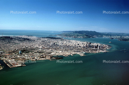 San Francisco Skyline, docks, piers, Mission Bay Project, Potrero Hill, SOMA, downtown, Marin County, natural gas storage tank
