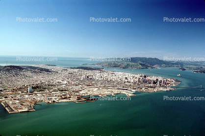 San Francisco Skyline, docks, piers, Mission Bay Project, Potrero Hill, SOMA, downtown, Marin County, natural gas storage tank