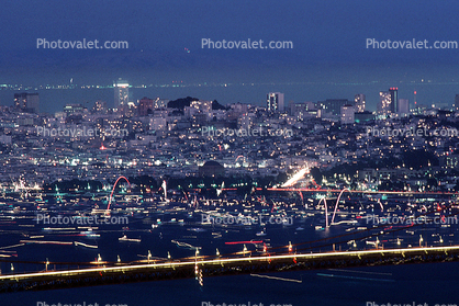 Car Boat Trails, Nighttime, Skyline, Golden Gate Bridge Bridge, 4 July 1986