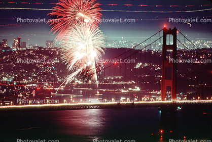 Car Boat Aircraft Trails, Nighttime, Skyline, Golden Gate Bridge Bridge, 4 July 1986