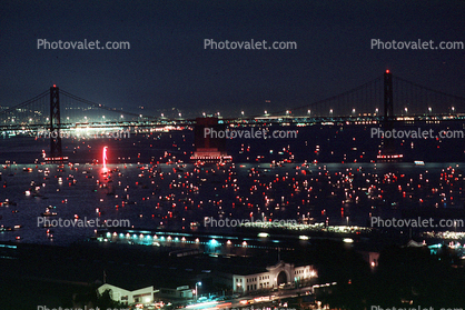 50th anniversary party celebration for the Bay Bridge, Boats, Docks, piers, buildings, the Embarcadero