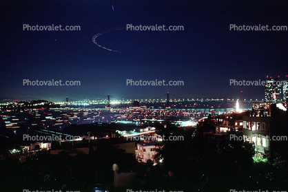 Aircraft Light Trail, 50th anniversary party celebration for the Bay Bridge, Boats, Docks, piers, buildings, the Embarcadero