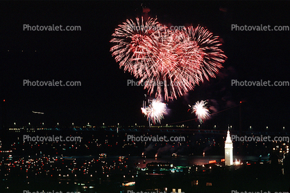 Fireworks, Boats, buildings, the Embarcadero, 50th anniversary party celebration for the Bay Bridge