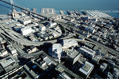 2nd street, buildings, skyline, SOMA, freeway, December 7 1988, 1980s