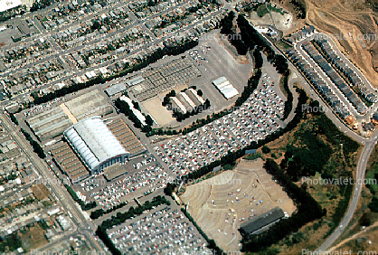 Cow Palace, parked cars, parking lot, buildings