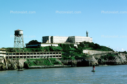 Water Tower, cliffs, buildings, Alcatraz Island
