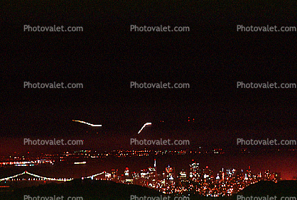 San Francisco Oakland Bay Bridge, Skyline, Nighttime, Airplane Streaks