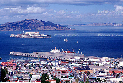 Alcatraz Island, Angel Island, piers, docks, ships, buildings, 1969, 1960s
