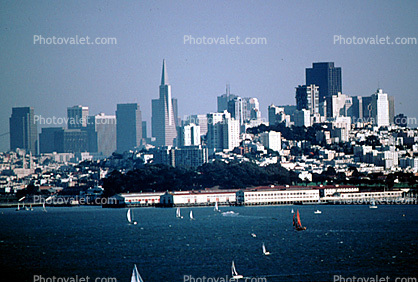 Fort Mason, Transamerica Pyramid, building, skyscraper, skyline, Sailboats, Piers