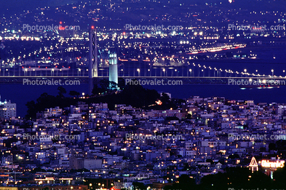 San Francisco Oakland Bay Bridge, Coit Tower, dusk, evening, nighttime