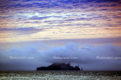Alcatraz Island under the fog, Clouds, Sunset