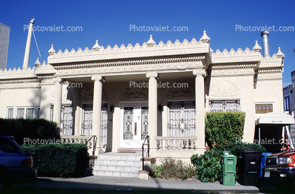 Upper Haight, mansion, building, home, house, stairs, trash can