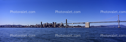 San Francisco Oakland Bay Bridge, Panorama, calm water, skyline, buildings