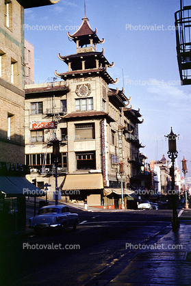 California and Grant Street, tower, pagoda, car, early 1950s, 1950s