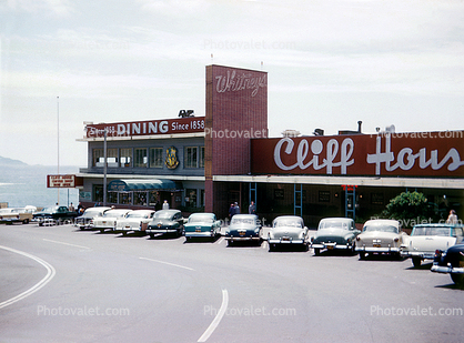 Whitney's, old Cliff House, landmark building, cars, August 1959, 1950s