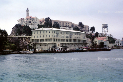 lighthouse, buildings, water tower, dock, August 1966, Alcatraz Island, 1960s