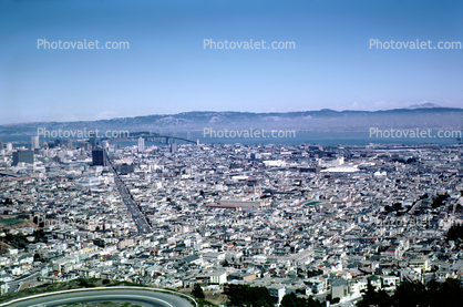 Market Street, SOMA, from Twin Peaks, skyline, downtown, cityscape, August 1966, 1960s