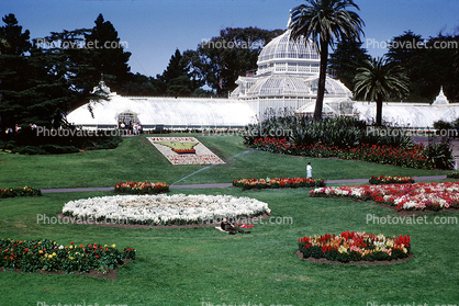 Conservatory Of Flowers, garden, lawn, flowers, trees, August 1966, 1960s