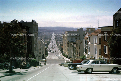 Lombard Street looking west, cars, incline, Fog, June 1970, 1970s
