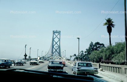Two way Traffic, cars, automobile, vehicle, San Francisco Oakland Bay Bridge, August 1962, 1960s