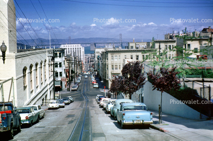 The Cable Car Barn and Museum, Cars, automobile, vehicles, Mason and Washington Streets, Nob Hill, May 1963, 1960s