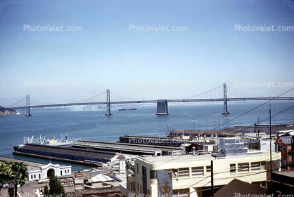 Docks, Piers, ships, the Embarcadero, San Francisco Oakland Bay Bridge, July 1958, 1950s