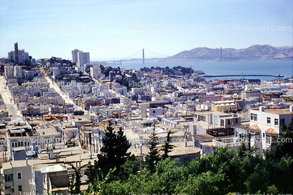 view from Coit Tower, Russian Hill, Golden Gate Bridge, Northbeach, July 1958, 1950s