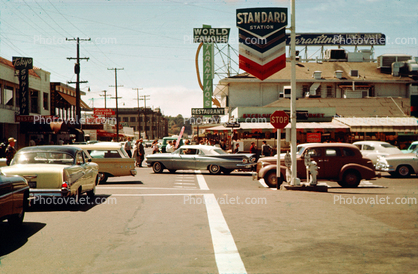 Chevron Station, Chevy Imapala Cars, Automobiles, Vehicles, Tarantino's Restaurant, 1950s