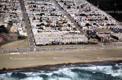 Ocean Beach, houses, buildings, sand, waves, Great Highway, parked cars, Ocean-Beach, site of old Playland