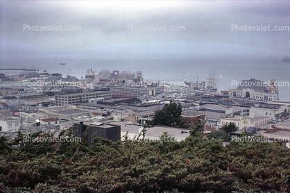 view from Coit Tower overlook, piers, docks, Balclutha, August 1964, 1960s