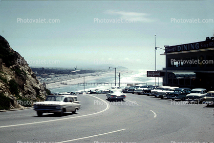 Chevy Impala, Cliff House, Chevrolet, Ocean-Beach, Great Highway, windmill, cars, parking, awning, pier, Cliff-House, June 1960, 1960s