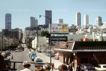 Pattys Restaurant, Burgers, Russian Hill, Cars, Vehicles, North-Beach, buildings, highrise, June 1968, 1960s
