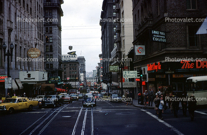 Powell Street, cars, tracks, shops, stores, buildings, downtown, 1968, 1960s