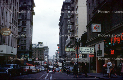 Starlite Room, Powell Street, cars, tracks, shops, stores, downtown, 1968, 1960s