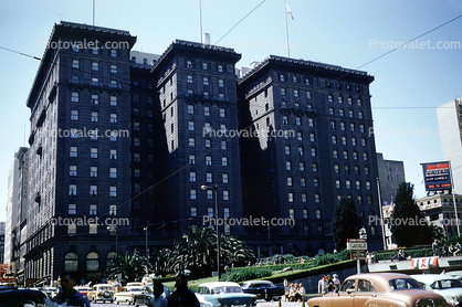 Saint Francis Hotel, building, cars, Union Square, 1950s