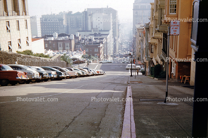 Steep Hill, Parked Cars, sidewalk, March 1958, 1950s