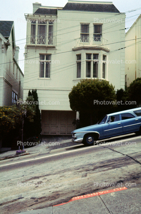 Car on a Steep Hill, house, home, street, angle, 1950s