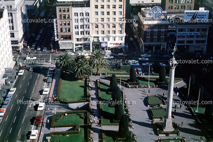 Union Square, buildings, Column, cars, Geary Street, December 1963, 1960s