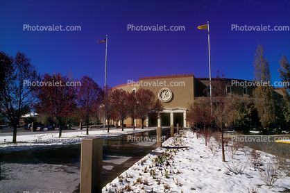 New-Mexico State Capitol Building, Seal, Emblem, Logo, building, trees, snow, cold