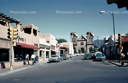 street, Cars, buildings, shops, Cathedral Basilica of Saint Francis of Assisi, Saint Francis Cathedral, Santa-Fe, September 1974, 1970s
