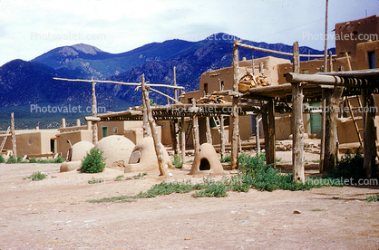 Cooking Ovens, dome, mountains, Pueblo de Taos, adobe building