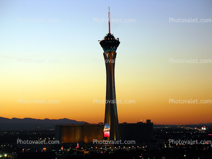 the Stratosphere, Twilight, Dusk, Dawn, Night, Exterior, Outdoors, Outside, Sunset